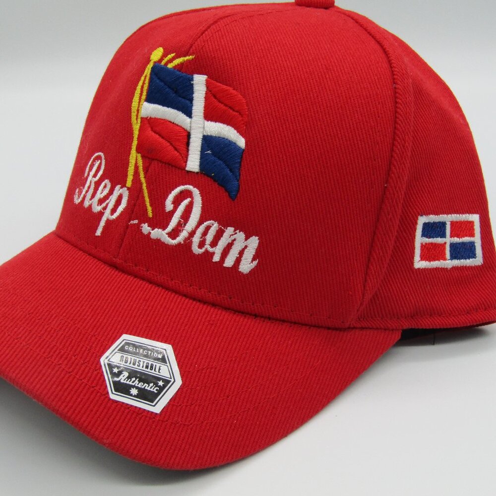RED ADJUSTABLE BALL CAP DOMINICAN REPUBLIC FLAG LOGO